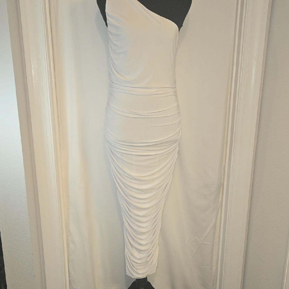 Fashion Nova One-Shoulder White Ruched Midi Dress